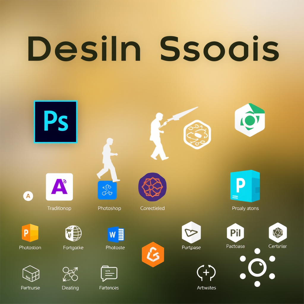 Evolución de herramientas de diseño digital mostrando la transición desde Photoshop tradicional hasta plataformas de creatividad impulsadas por inteligencia artificial, con iconos de software y elementos gráficos modernos