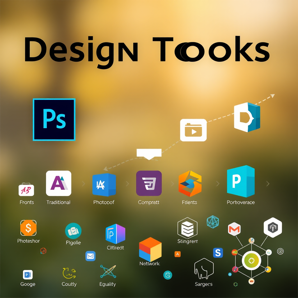 Evolución de herramientas de diseño digital mostrando la transición desde Photoshop tradicional hasta plataformas modernas con inteligencia artificial, con iconos de software y elementos gráficos creativos