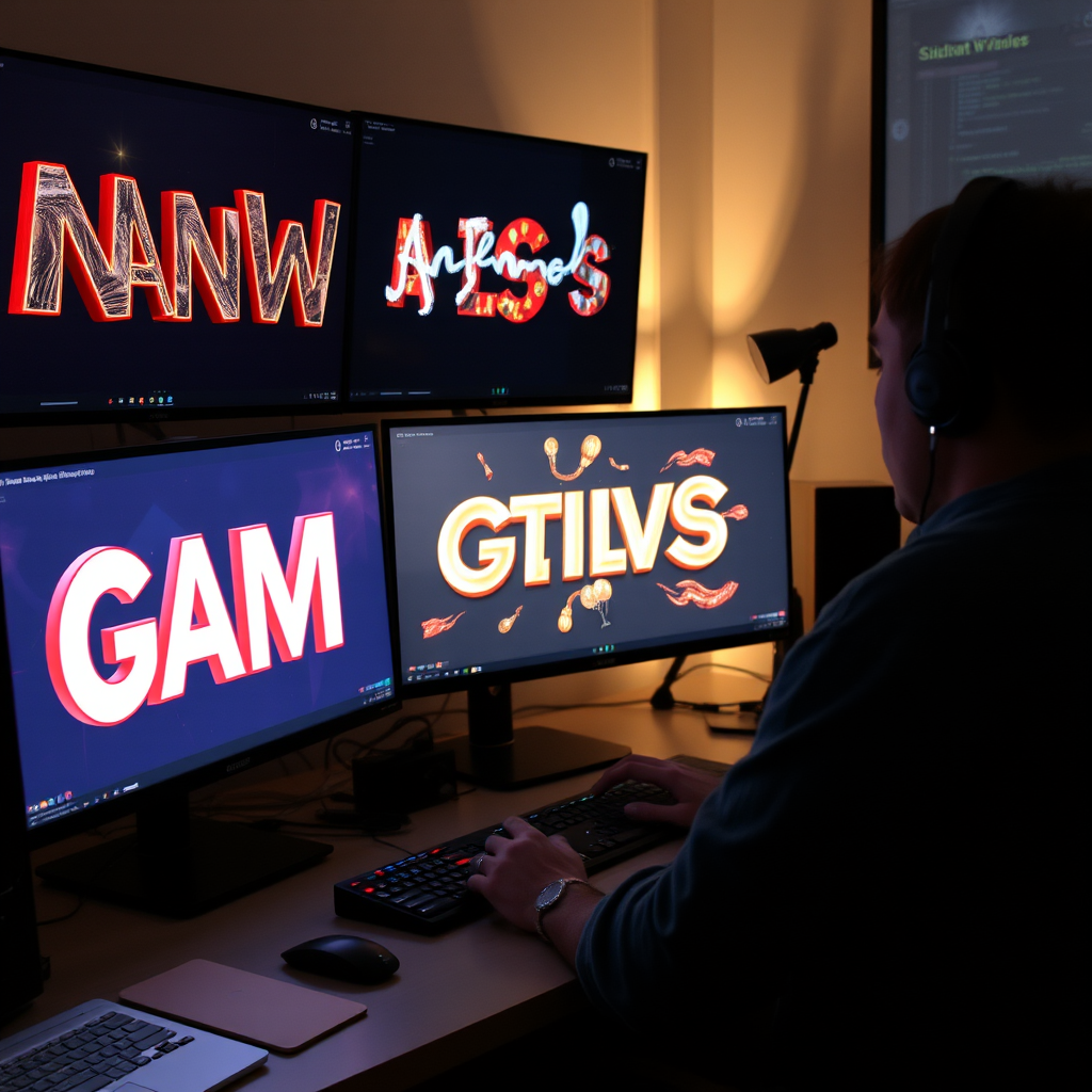 Diseñador trabajando en animaciones de motion graphics en una computadora con múltiples pantallas mostrando tipografía cinética y elementos 3D animados