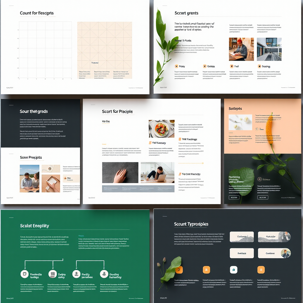 Composición visual mostrando diferentes principios de diseño de layout con grillas, tipografías y elementos gráficos organizados de manera jerárquica