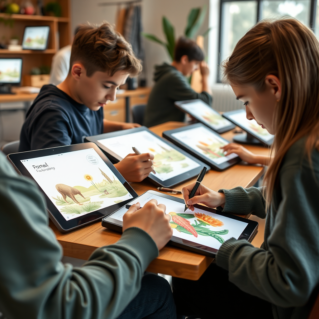 Estudiantes trabajando en tabletas digitales creando ilustraciones vectoriales en un taller de diseño gráfico moderno con pantallas y herramientas digitales
