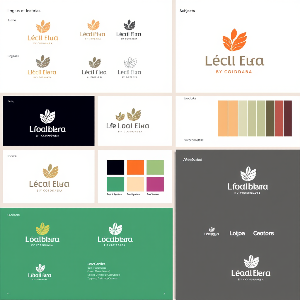 Proceso creativo de desarrollo de identidad visual mostrando bocetos de logos, paletas de colores, selección tipográfica y aplicaciones de marca para un negocio local de Córdoba, con elementos de diseño profesional