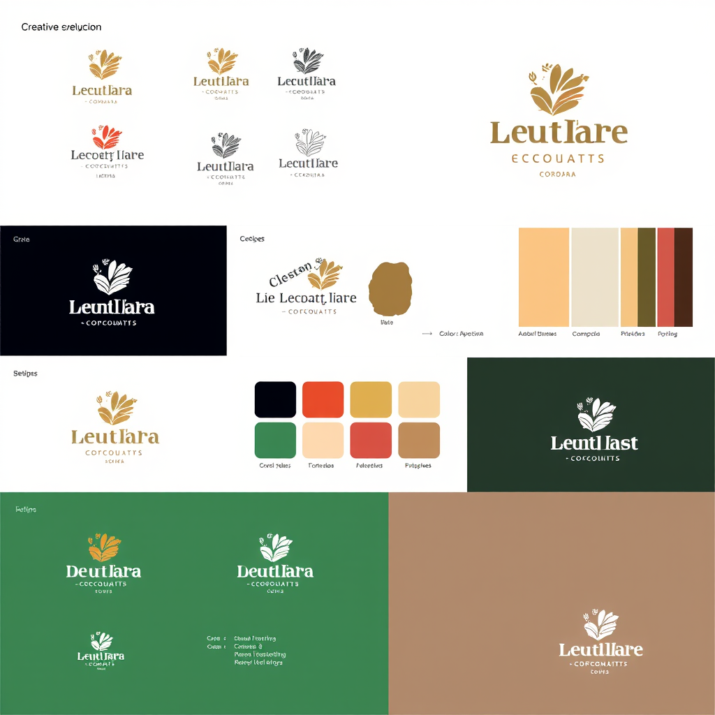 Proceso creativo de desarrollo de identidad visual mostrando bocetos de logos, paletas de colores, tipografías y aplicaciones de marca para un negocio local de Córdoba