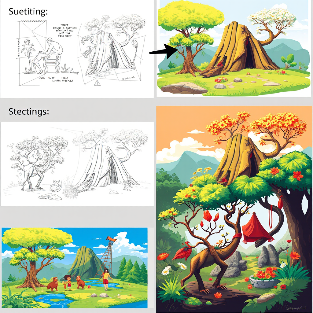 Proceso de creación de arte vectorial mostrando desde bocetos iniciales hasta ilustraciones finales coloridas y detalladas