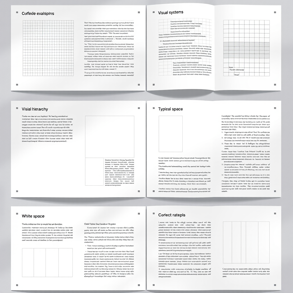 Principios de diseño de layout mostrando sistemas de grillas, jerarquía visual, espacios en blanco y composiciones tipográficas en medios impresos y digitales