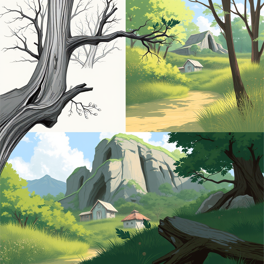 Técnicas de ilustración digital mostrando la transición del boceto tradicional a la pantalla digital, con arte vectorial, pintura digital y enfoques de medios mixtos