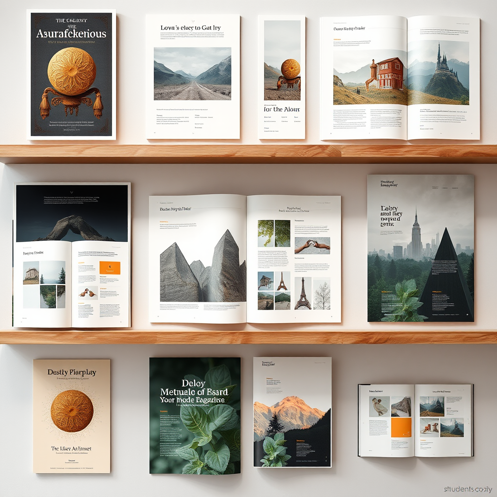 Galería de proyectos estudiantiles mostrando diferentes aplicaciones de principios de layout design en carteles, revistas, sitios web y material promocional
