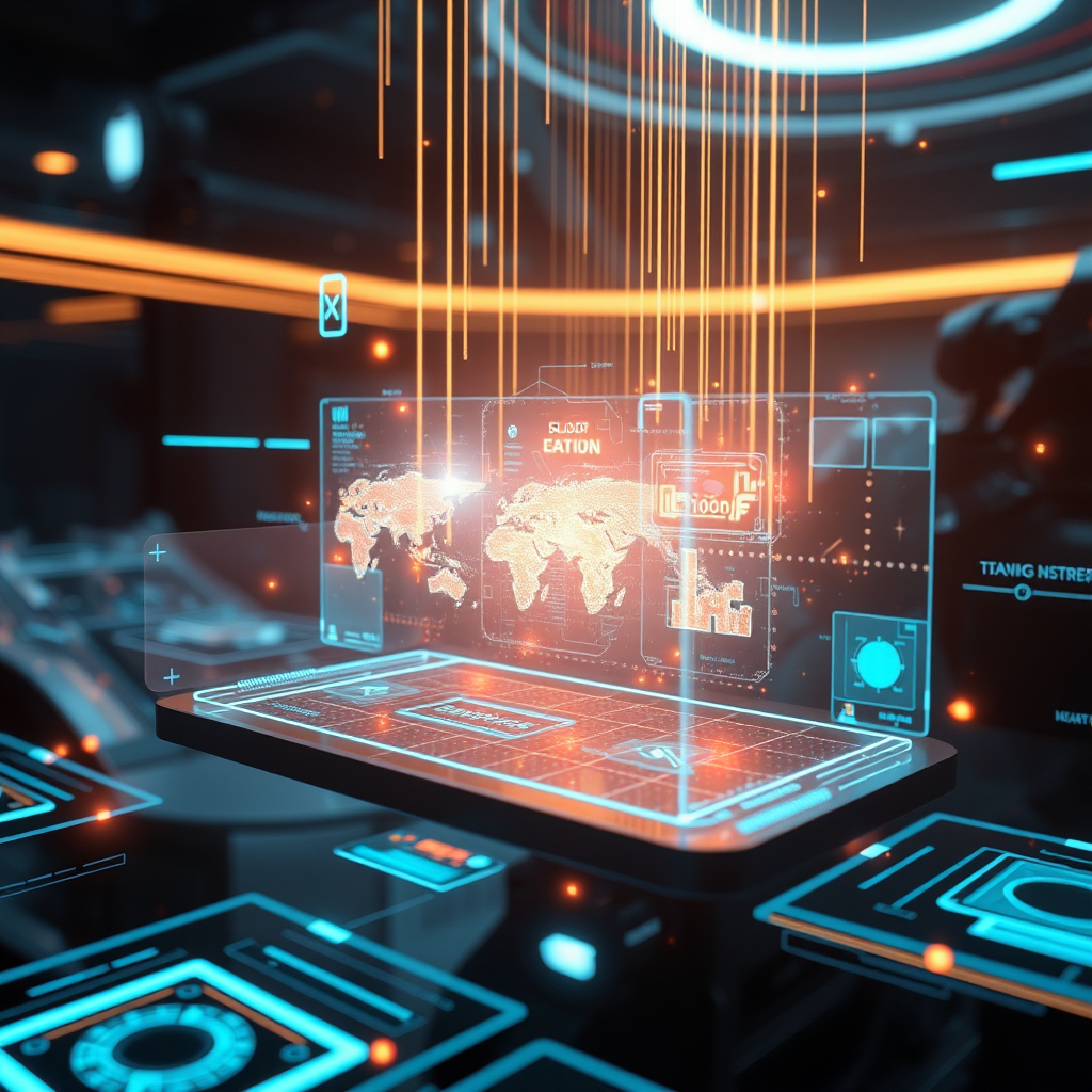 Visualización futurista del diseño gráfico con elementos holográficos, interfaces de realidad aumentada y motion graphics avanzados